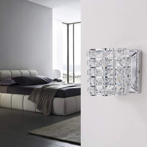 Crystal Wall Sconce Set of Two Modern Chrome Finish Wall Lamps with Crystal Accents for a Slick Vibe 1 Light mounted in bedroom