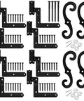 Heavy Duty Steel Blind Shutter Hinges 8 Pack With S Holdback Hook 1-1/16 Inch Black Powder Coat hardware and screws laid out.