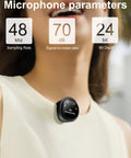 Close-up of Wireless Lavalier Microphone For iPhone With AI Noise Cancellation And Plug And Play Design clipped on clothing with specs shown.