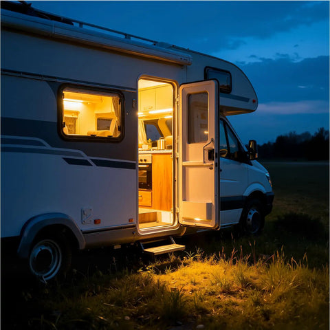 Rock Solid Rv Power Converter And Battery Charger 55 Amp 120V Ac To 12V Dc Plug And Play Multi Stage Smart Charging For Lithium And Lead Acid Batteries Built Tough outdoor RV at night with illuminated entrance and kitchen area.