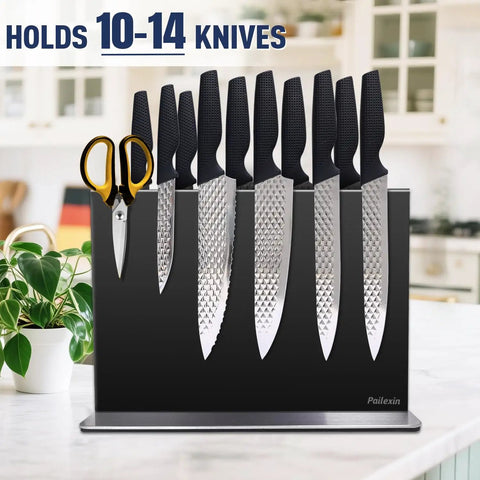 Double-Sided Magnetic Knife Holder Stand With Strong Magnets, Black Stainless Steel Knife Block For Kitchen Countertop, Suspends 10-14 Blades, Easy Knife Storage Organizer, Knives Not Included