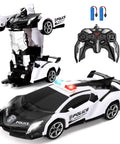 Transforming Remote Control Car For Kids Two In One Vehicle Converts To A Robot With One Button Deformation And 360 Degree Drifting LED Light A Dope Gift For Boys Ages Four Through Twelve White, shown as car and robot version with remote.