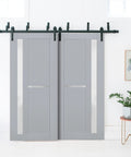 Veregio 7288 Interior Barn Bypass Sliding Doors With Frosted Glass And Solid Wood, 84x96 Inches, Black Finish
