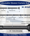 Diagram showing adjustable No Drill Tension Shower Curtain Rod 34 to 82 inches, matte black finish, for bathroom installation.