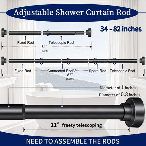 Diagram showing adjustable No Drill Tension Shower Curtain Rod 34 to 82 inches, matte black finish, for bathroom installation.