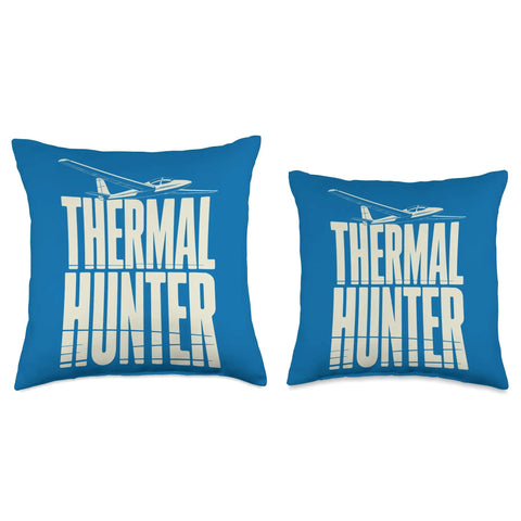 Thermal Soaring Glider Throw Pillow For Sailplane Enthusiasts And Pilots Who Live For Silent Lift Ridge Soaring Towplane Launches Final Glide Focus And Weekend Aero Tow Crew Club Vibe in blue with "Thermal Hunter" text and a glider illustration, available in two sizes.