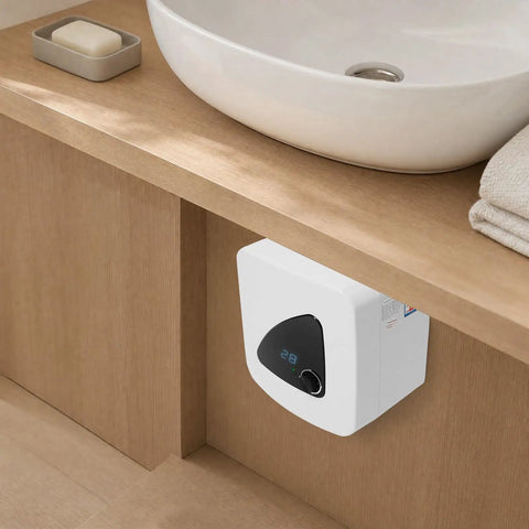 Top Pick 3.96 Gallon Mini Tank Electric Water Heater Packed With 1500 Watt 110 Volt Muscle mounted under bathroom sink.