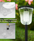 4 Pack Bright Solar Path Lights Outdoor IP65 Waterproof, showing impact resistance with shoe and hammer tests, two modes.