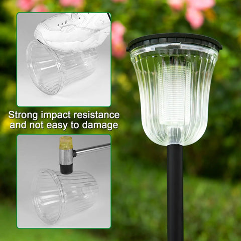 4 Pack Bright Solar Path Lights Outdoor IP65 Waterproof, showing impact resistance with shoe and hammer tests, two modes.