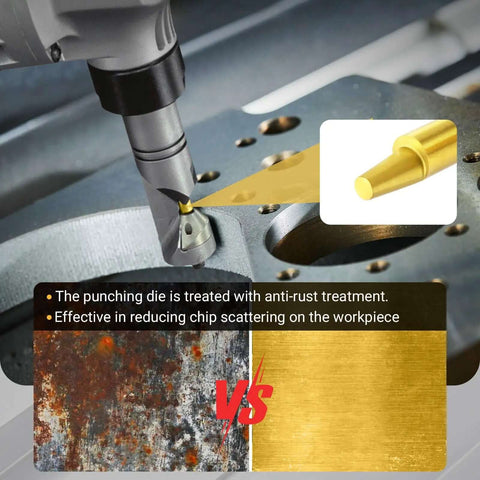 Close-up of nibbler punch and die set in use for JN1601 metal cutting tool, showing anti-rust treatment benefits