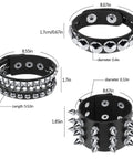 Image of Six Piece Punk Leather Bracelet Set Featuring Hardcore Spikes Mixed Metal Studs Black Cuff Bands, showing dimensions and design.
