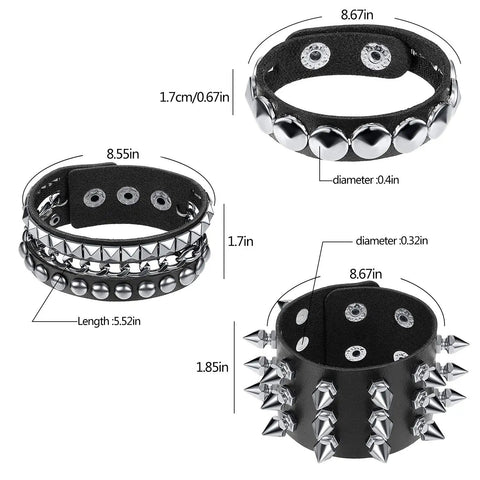 Image of Six Piece Punk Leather Bracelet Set Featuring Hardcore Spikes Mixed Metal Studs Black Cuff Bands, showing dimensions and design.