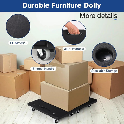 Heavy Furniture Moving Dollies with Wheels, 2 Set, shown with cardboard boxes, highlighting 4-wheel design and smooth handle features.