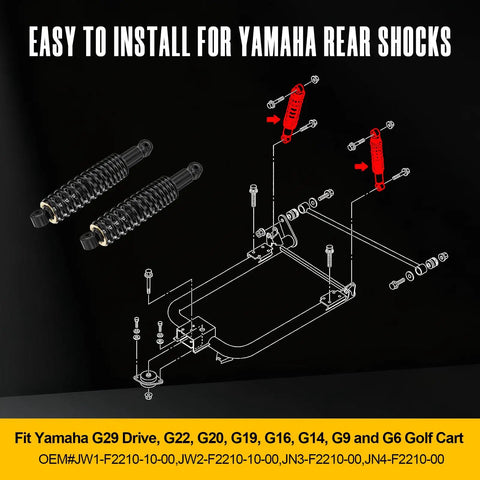 Diagram showing Built Like A Tank Heavy Duty Rear Shock With Coil Spring For Yamaha Golf Cart installation for models G29 G22 G20 G19 G16 G14 G6