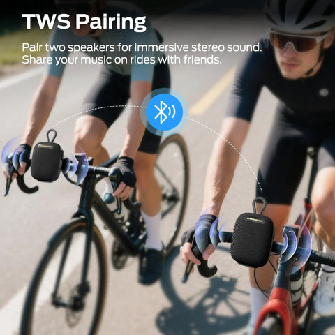 Two cyclists with Outdoor Bluetooth Speaker with IPX7 Waterproof Rugged Build, Compact Yet Loud, attached to handlebars using TWS.