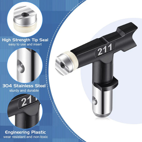 Airless Spray Tips Set Of 14 Piece With Reversible Tips Guards and Filters showing close-up of 211 tip and features