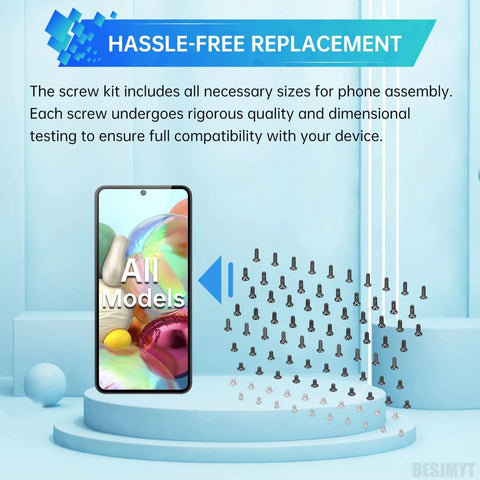 Complete Black Smartphone Screw Replacement Kit For Samsung Galaxy Series Phones Tight Fit Precision Screw Assortment Set with smartphone display.