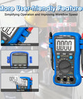Beefy 4000-Count Auto-Ranging Digital Multimeter Kit displaying features like clips and shutdown with voltage display in use.