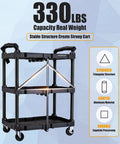 Portable Folding Service Cart With Three Tiers, 330 Lbs Capacity, Rolling Utility Cart On Wheels For Warehouse, Home, Shop