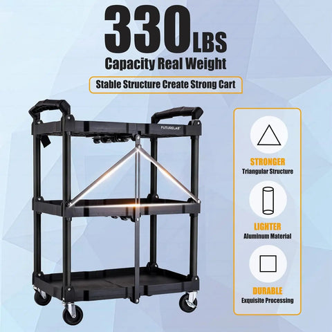 Portable Folding Service Cart With Three Tiers, 330 Lbs Capacity, Rolling Utility Cart On Wheels For Warehouse, Home, Shop