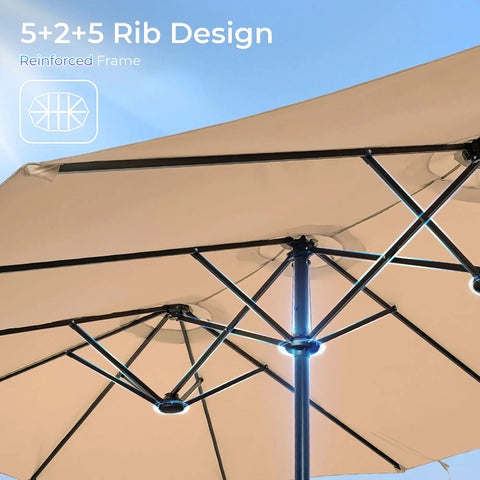 Close-up of 13 Foot Outdoor Patio Umbrella With Base Included, double sided fade resistant canopy showing reinforced rib design