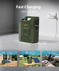 Portable Power Station 500Wh Lifepo4 Solar Generator With 500W Pure Sine Wave AC Outlet And 60W USB C PD Quick Charge For Camping Rv And Home Blackouts charging in a room, displaying outlet connection and green design.