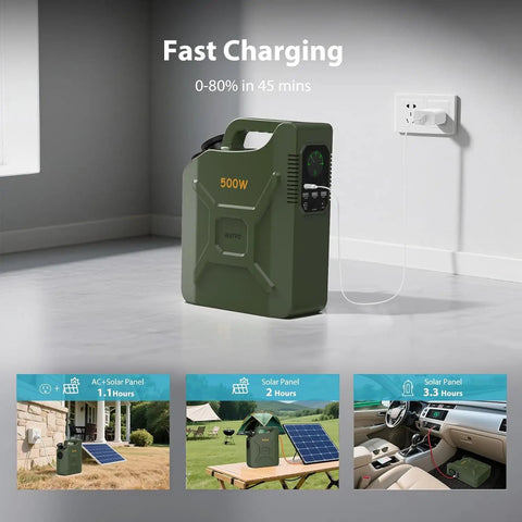 Portable Power Station 500Wh Lifepo4 Solar Generator With 500W Pure Sine Wave AC Outlet And 60W USB C PD Quick Charge For Camping Rv And Home Blackouts charging in a room, displaying outlet connection and green design.