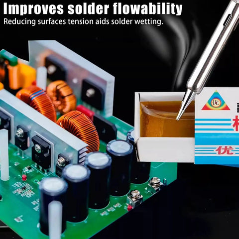 Rosin Flux Soldering Paste Dope 10 Piece High Purity Cream applied on PCB for precise joints in electronics repairs.
