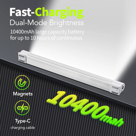 Magnetic LED Tube Work Light With 6000 Lumens And 10400mAh Battery, USB Rechargeable Camping Lantern on black background