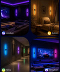 Battery Operated Wall Sconce Set of 2, 3000K & 9RGB Wireless Wall Light showcased in various room settings.