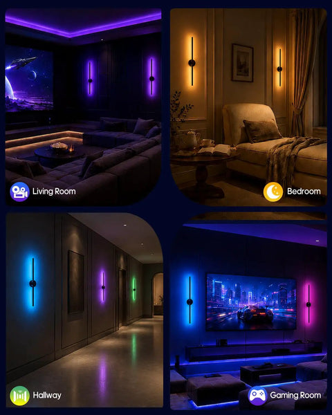 Battery Operated Wall Sconce Set of 2, 3000K & 9RGB Wireless Wall Light showcased in various room settings.