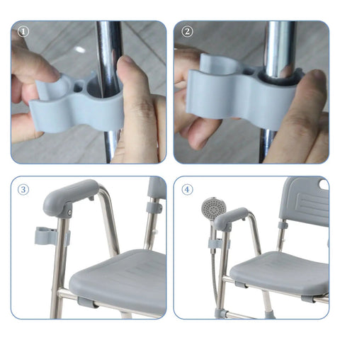 Installation of 2 Pack Shower Head Holders For Shower Chairs And Bath Stools Universal Hand Shower Hose Clip For Tub Transfer Benches Accessories For Elderly And Disabled Users on chair frame.