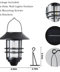 2 Pack Solar Lanterns Outdoor Hanging Lights For Porch Fence Yard Glass Metal Waterproof Dusk To Dawn Auto On Warm White LED Garden Lanterns With Wall Mount Bracket, shown with dimensions and mounting details.
