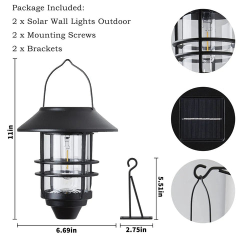 2 Pack Solar Lanterns Outdoor Hanging Lights For Porch Fence Yard Glass Metal Waterproof Dusk To Dawn Auto On Warm White LED Garden Lanterns With Wall Mount Bracket, shown with dimensions and mounting details.