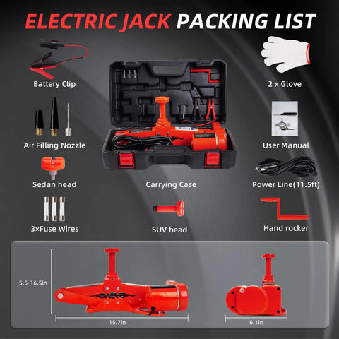 Packaging list of 3 Ton Electric Car Jack Set With 12V Automatic Lift Kit For Sedans And SUVs Portable Scissor Floor Jack Red