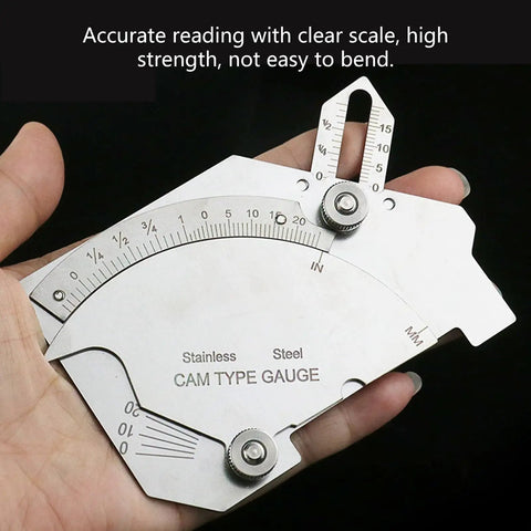 Bridge Cam Welding Gauge Set With Clear Scale for Weld Reinforcement and Fillet Leg Length, stainless steel tool in hand