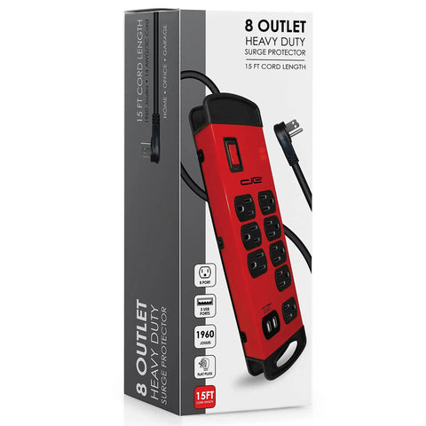 Heavy Duty 15 Foot 8 Outlet Metal Surge Protector Power Strip With 2 USB Ports, 1960 Joules, Flat Plug, Red packaging