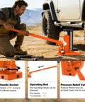 Beefy Heavy Duty Toe Jack 5 Ton And 2.5 Ton Hydraulic Floor Jack used for lifting vehicle outdoors, showing jack and handle.