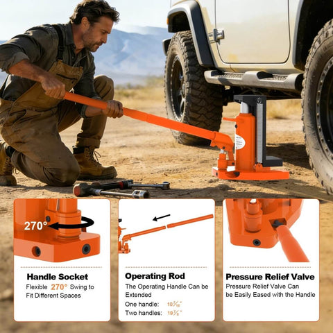 Beefy Heavy Duty Toe Jack 5 Ton And 2.5 Ton Hydraulic Floor Jack used for lifting vehicle outdoors, showing jack and handle.