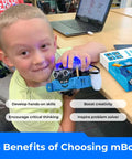 MBot Arduino Robot Kit With Scratch Coding Box For Kids Ages 8 To 12 Learn To Code With Block Based Games And Fun Projects A Hands On STEM Toy To Build Tinker And Master Creative Tech Skills; child holding blue robot