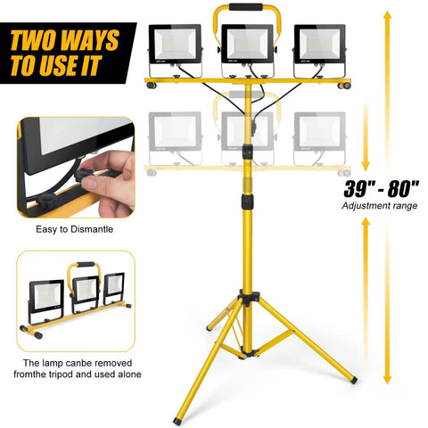 Beastly Bright 21000 Lumen LED Tri Head Work Light on Stand with IP66 Waterproof Tripod, adjustable 39-80 inches, detachable