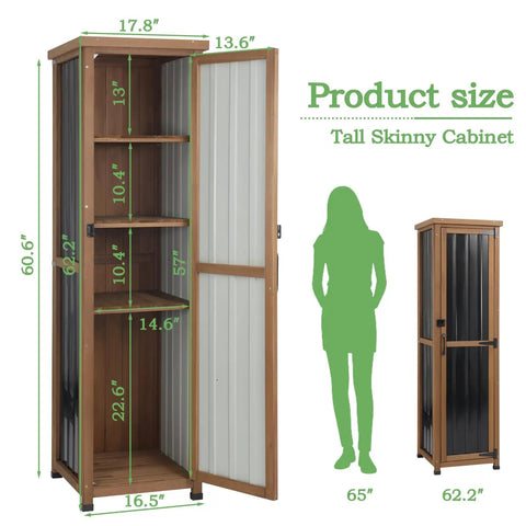 62 Inch Tall Narrow Outdoor Storage Cabinet With Metal Top Waterproof All Weather Storage Unit dimensions diagram with shelves open