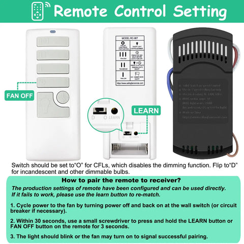 Ceiling Fan Remote Control and Receiver Kit Replacement for Harbor Breeze Hunter Hampton Bay 3 Speed Fan Control with Light Dimmer and Time Delay 304.17MHz Includes Wall Mount - Remote and receiver with wiring and settings guide
