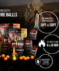 Fire Balls Fire Starter Pellets For Easy Fire Lighting, product packaging with flame graphic and burn details.