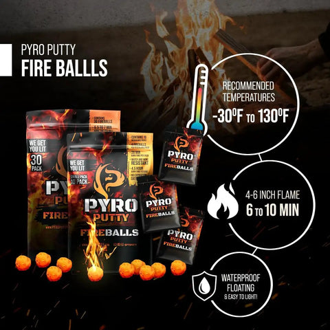 Fire Balls Fire Starter Pellets For Easy Fire Lighting, product packaging with flame graphic and burn details.