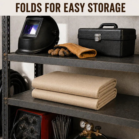 Fiberglass Welding Blanket Heavy Duty Pro Grade Built Tough 4x6 Ft With Brass Grommets Heat Resistant Multi Purpose Mat For Welding Grill Smoker Camping And Industrial Use 2 Pack Protects Equipment And Floor From Sparks Embers And Heat While You Work Or folded on shelf for storage