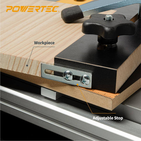 Close-up of Table Saw Taper And Straight Line Jig for Precise Tapering And Straight Line Cutting, showing the adjustable stop.