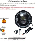 Ultra Bright E Bike Headlight With Built In Horn And Speaker Multi Beam Front Light For Fat Tire Ebikes Beefed Up Night Riding Led Front Lamp Replacement showing connectors and wire length instructions