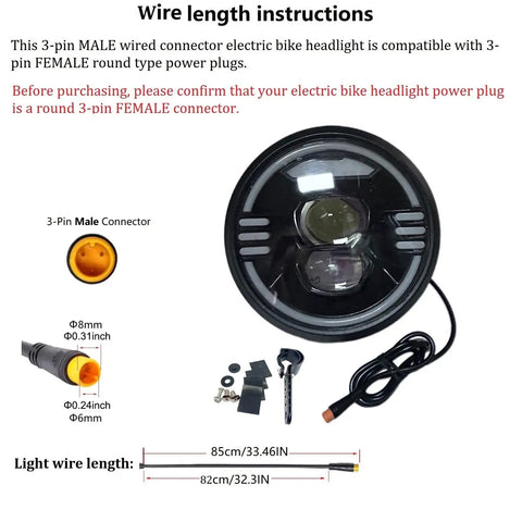 Ultra Bright E Bike Headlight With Built In Horn And Speaker Multi Beam Front Light For Fat Tire Ebikes Beefed Up Night Riding Led Front Lamp Replacement showing connectors and wire length instructions