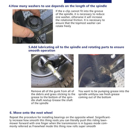 Close-up of spindle and washer application for Front Wheel Bushing To Bearing Conversion Kit For Lawn Tractors And Walk Behind Mowers